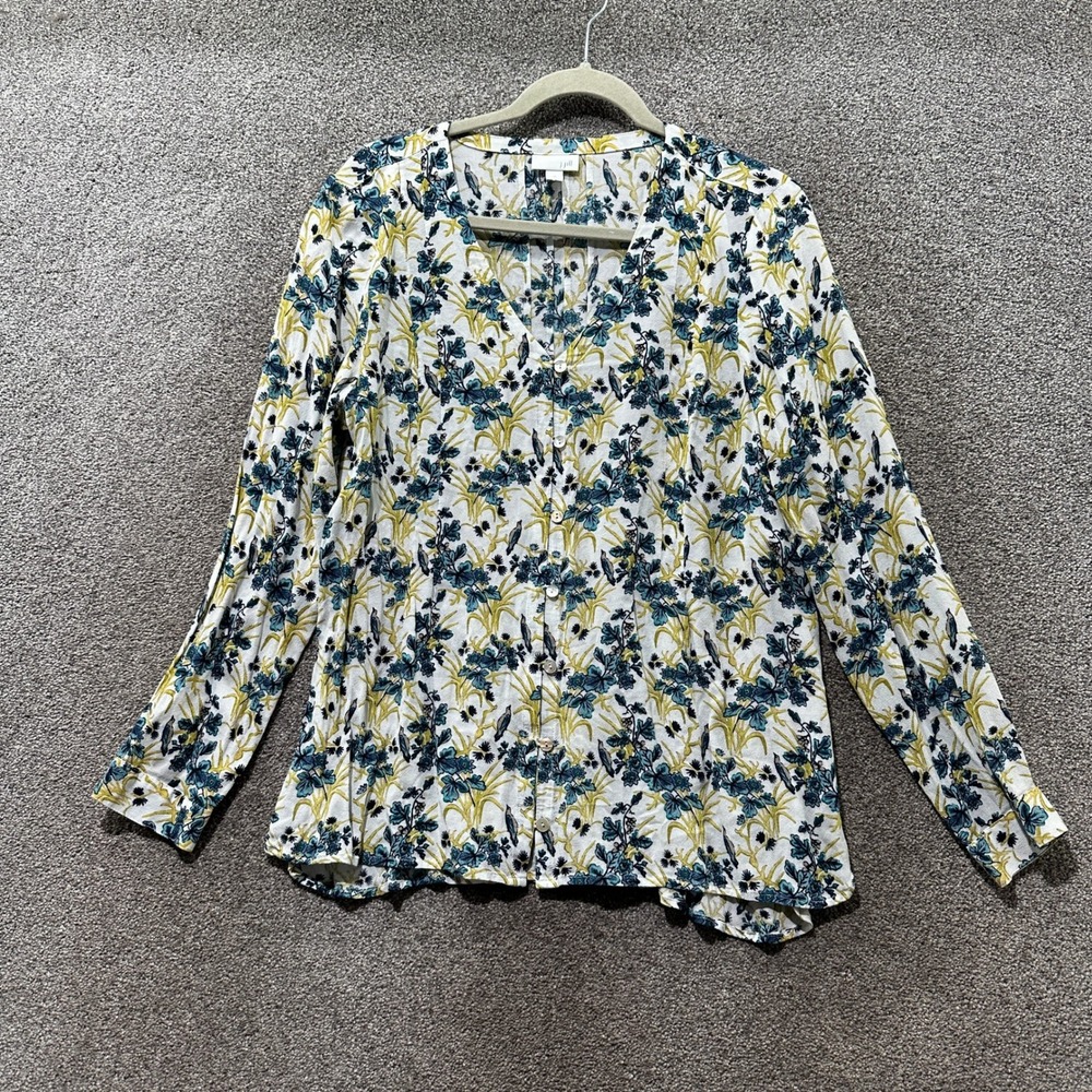 J Jill Button Up Blouse Top Womens Medium Floral Bird Print Rayon Cottage Nature
